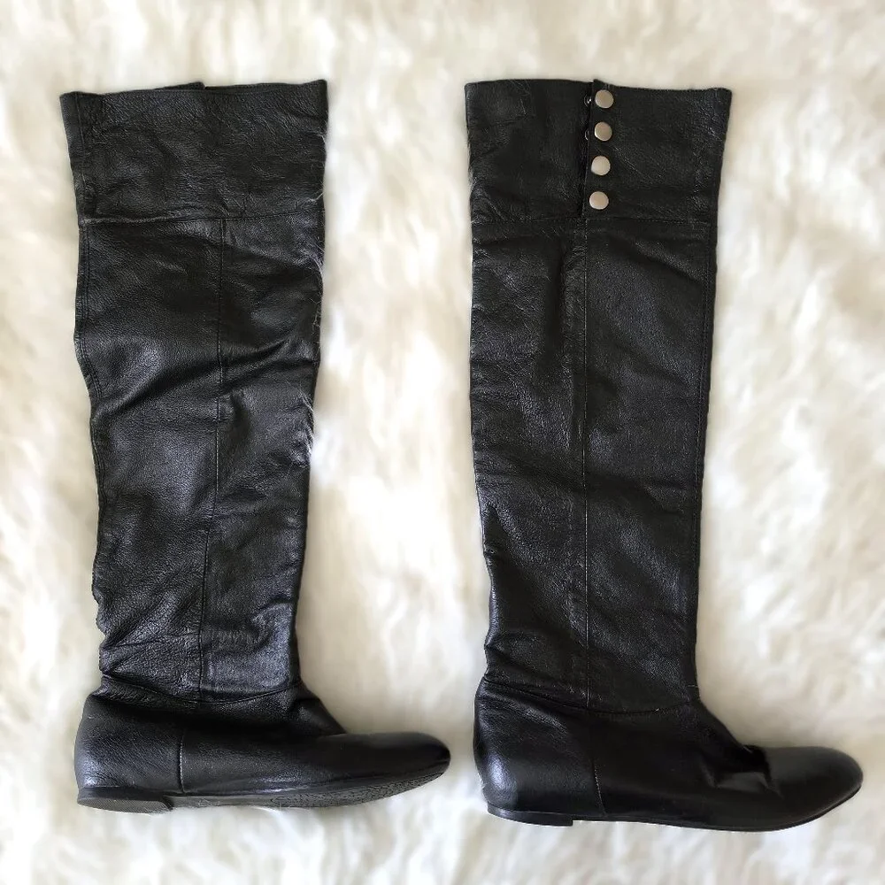 Chinese Laundry Leather Over The Knee Boots Black size 7M Flat Snap Buttons